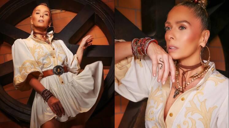 O look para a Prova do Fazendeiro, na quarta (1º), ganhou elogios do dono do Chapéu, Rico. Galisteu escolheu um vestido nude bem soltinho e colocou um cinto para estruturar a roupa. O humorista até fez um pedido inusitado para a apresentadora: emprestar a peça para o peão usar na final do programa