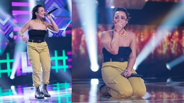 Nada como uma calça cargo amarela, blusinha tomara que caia preta e coturno metalizado prata, para marcar a fantástica apresentação de Ally V — que conquistou todos os jurados