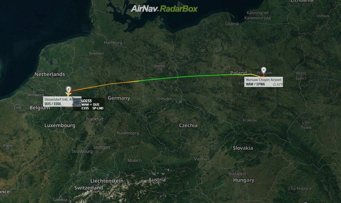 Rota percorrida pelo Embraer da polonesa LOT