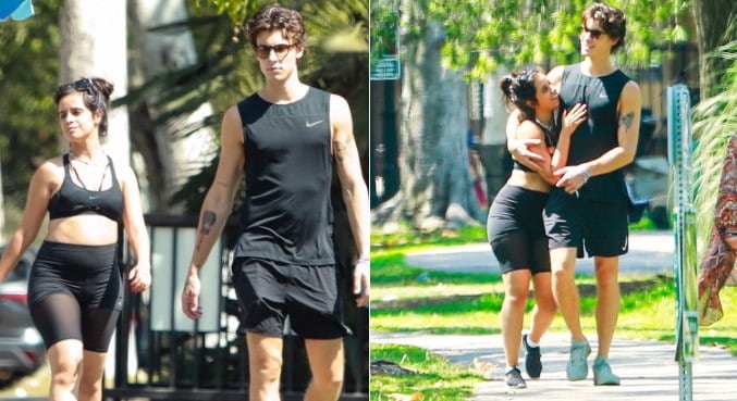 Camila Cabello e Shawn Mendes foram fotografados enquanto se exercitavam em um parque de Beverly Hills, nos Estados Unidos. A cantora recentemente rebateu críticas sobre seu corpo: "Eu me lembrei que ficar em guerra com seu próprio corpo está tão fora de moda", disse ela em vídeo no TikTok