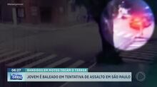 Câmeras de segurança flagram momento em que criminosos atiram em jovem durante tentativa de assalto