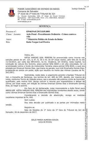 Setença que absolveu Kátia Vargas pela morte de Emanuel e Emanuele Gomes