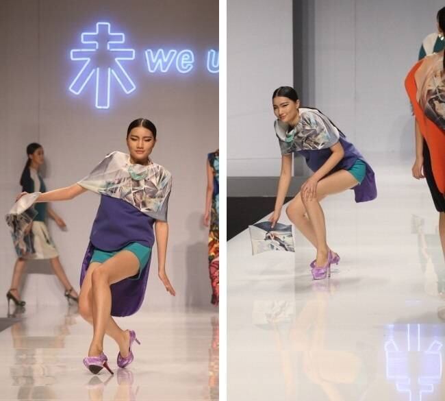Uma modelo se desequilibrou e foi para o chão durante a semana de moda da China. Com o chão extremamente liso e com sapatos maiores que os pés, ela não conseguiu manter a pose