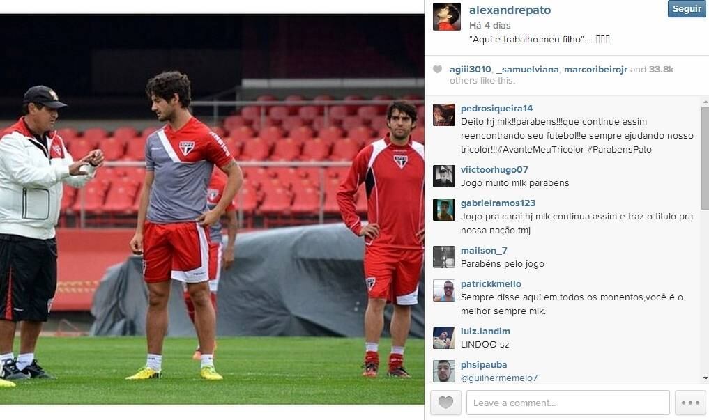 A mudança de postura de Pato pode ser notada até em suas redes sociais. O atacante parece mais solto e agora faz até piadas com o chefe.

Recentemente, o camisa 11 postou uma foto ao lado de Muricy Ramalho e tratou de colocar o bordão do técnico na legenda: "Aqui é trabalho meu filho"