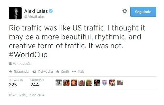 O trânsito também recebeu uma menção bem-humorada:

— O trânsito do Rio é como o americano. Pensei que veria uma forma mais bonita rítmica e criativa de trânsito, mas não foi isso o que aconteceu