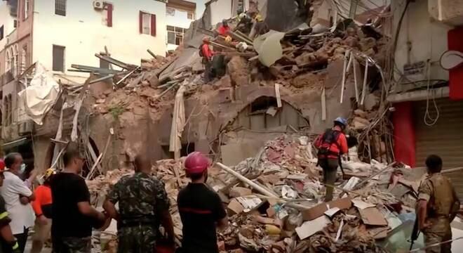 Um cão de resgate detectou movimento sob um prédio desabado