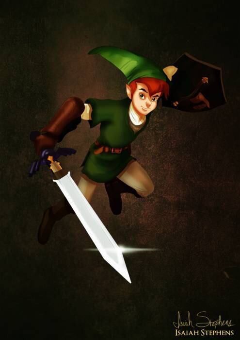 Peter Pan fantasiado de Link, do jogo de videogame A Lenda de Zelda
Ele seria daquela turma que improvisa fantasias com coisas de casa mesmo