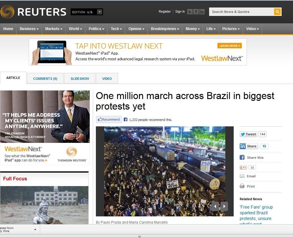 A
agência de notícias Reuters comentou que as manifestações estão se
intensificando, apesar das concessões dos governos. A agência também classifocou a manifestação de quinta-feira (20) como a maior das últimas duas décadas