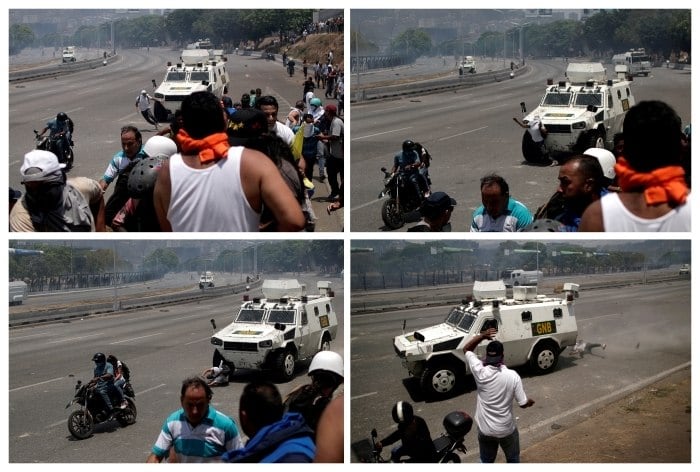 Imagens registradas pelo fotógrafo Ueslei Marcelino e divulgadas
pela agência de notícias Reuters mostram o exato momento em que o carro passa
por cima do venezuelano. Alejandro, entretanto, escapou da provação em boa
forma — e ainda reforçando que todos os seus compatriotas devem ir às ruas para
pressionar por mudanças no poder

Leia também: Medo e otimismo: venezuelanos no Brasil comentam levante de Guaidó
