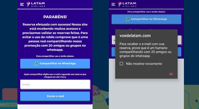 Golpe também pede para que o link falso seja compartilhado com outros contatos