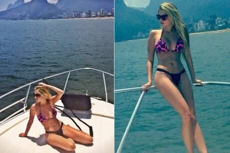 Bárbara Evans passeia de lancha em domingão de sol no RJ