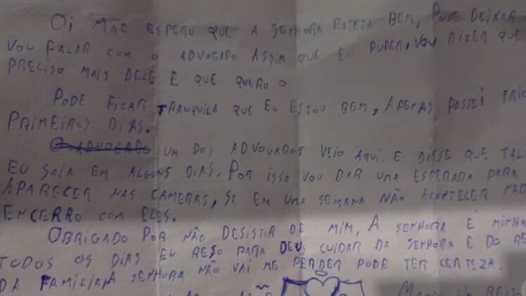 De dentro da prisão, Gabriel chegou a escrever uma carta para a mãe Ana Lúcia Costa contando que estava bem. A mulher sempre acreditou na inocência do filho