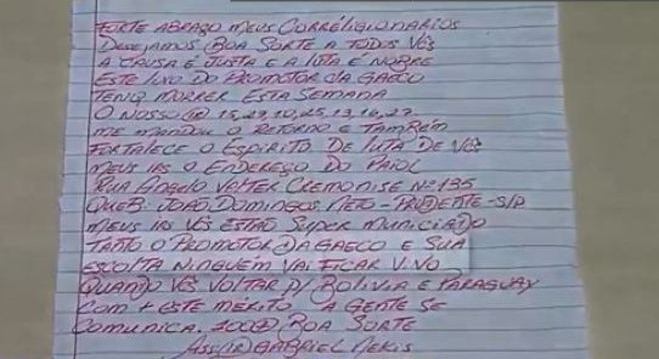 Bilhete foi encontrado em cós da calça de detento e tinha como destino a P2