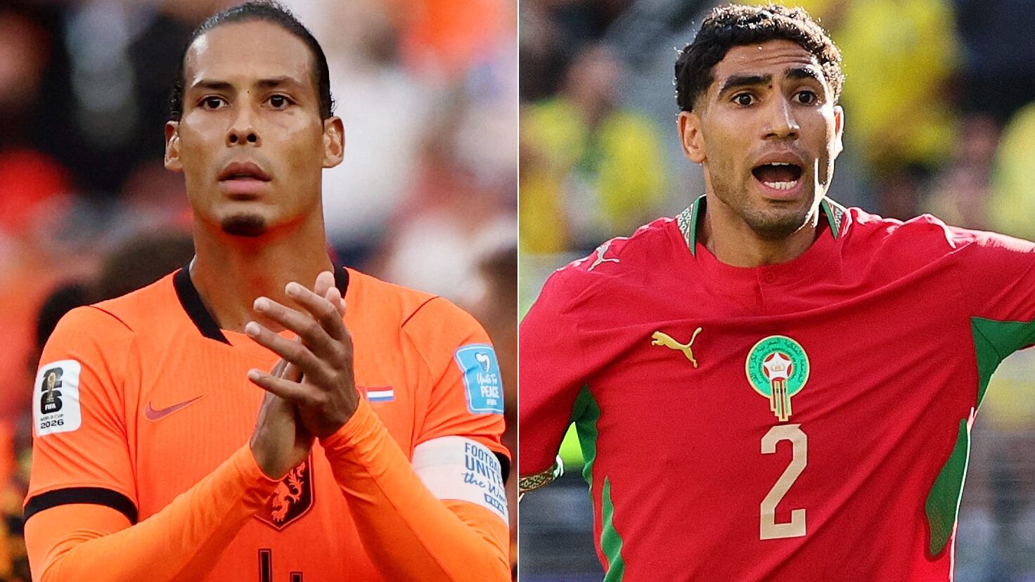 Dois jogadores de futebol, da Holanda e do Marrocos, lado a lado