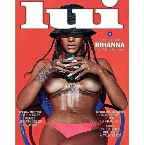 Outra publicação que tirou a parte de cima da roupa de uma famosa foi a francesa Lui. A revista despiu a cantora Rihanna, que usou o próprio Instagram para compartilhar um clique da capa