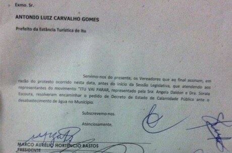 Carta assinada pelos vereadores foi exibida em rede social