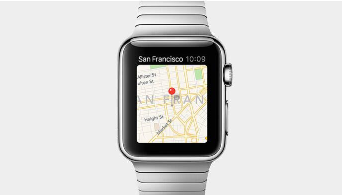 Além disso, a Apple investiu em um aplicativo de mapa que seja útil e de fácil uso no dia a dia. Além de mostrar a localização do usuário, o Apple Watch pode funcionar como um GPS: a pessoa cria uma rota, e pode ver pelo relógio qual é o caminho até chegar ao seu destino