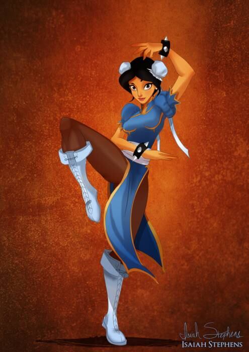 Jasmine, de Aladdin, fantasiada de Chun-Li, de Street Fighter
É bom o Aladdin não fazer nada de errado, senão já viu, né?