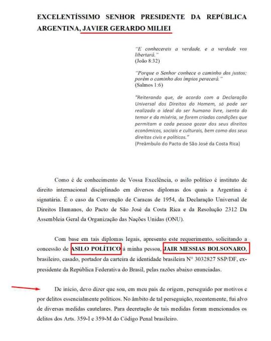 Documento encontrado pela PF no celular de Bolsonaro sobre um suposto pedido de asilo político na Argentina