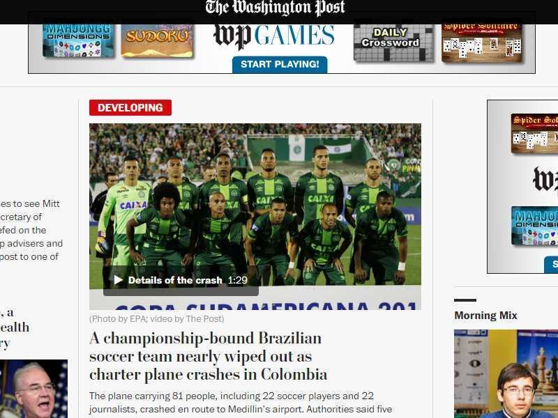 O americano Washington Post dá o principal destaque à notícia trágica, com a foto do time