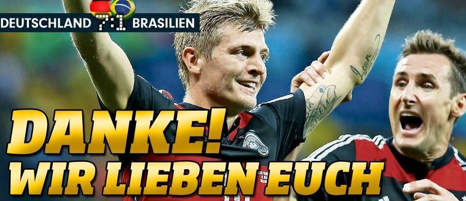A goleada da Alemanha sobre o Brasil, construída ainda no primeiro tempo, surpreendeu torcedores e a imprensa mundial. Quando o jogo ainda estava no primeiro tempo, o Bild, um dos principais jornais da Alemanha, questionou da seguinte maneira seus leitores através de sua página na internet: “Será de dois dígitos?”. Não foi, mas faltou pouco