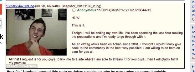 Ao começar o vídeo, ele
disse que pretendia cometer suicídio e que transmitiria isso para todos poderem
ver. A partir disso, dezenas de usuários se inscreveram para ver a tentativa,
segundo informações do site de notícias Daily Mail