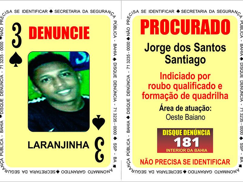Indiciado por prática de roubo qualificado e formação de quadrilha, Jorge dos Santos Santiago, o “Laranjinha”, está na carta três de Espadas