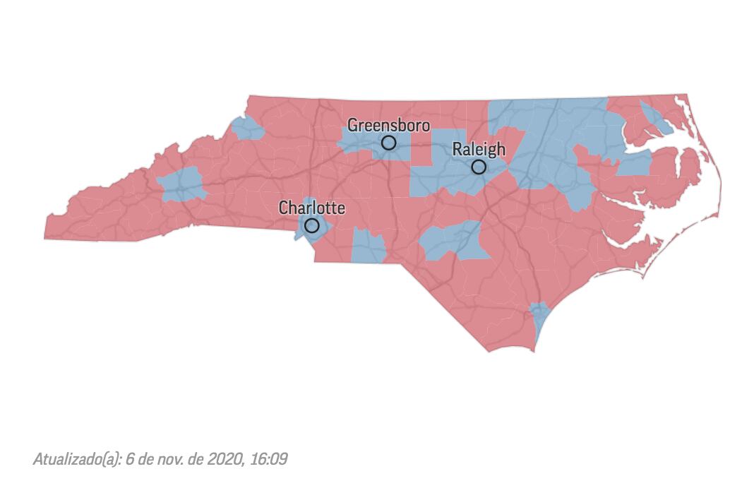 Carolina do Norte: Trump lidera e a diferença para Biden está em 1,4%. Contudo, os votos enviados pelo correio até o dia 12 de novembro ainda podem ser contados. Neste estado, a margem para solicitar a recontagem deve ser de 0,5% ou 10 mil de diferença. O prazo para a certificação eleitoral por lá é no dia 24 de novembro
