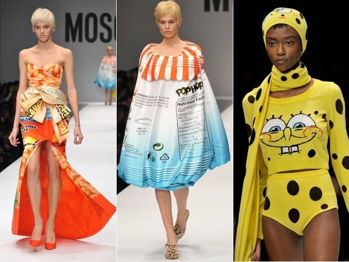 O desfile divertido da Moschino ainda contou com vestidos de embalagens alimentícias e Bob Esponja