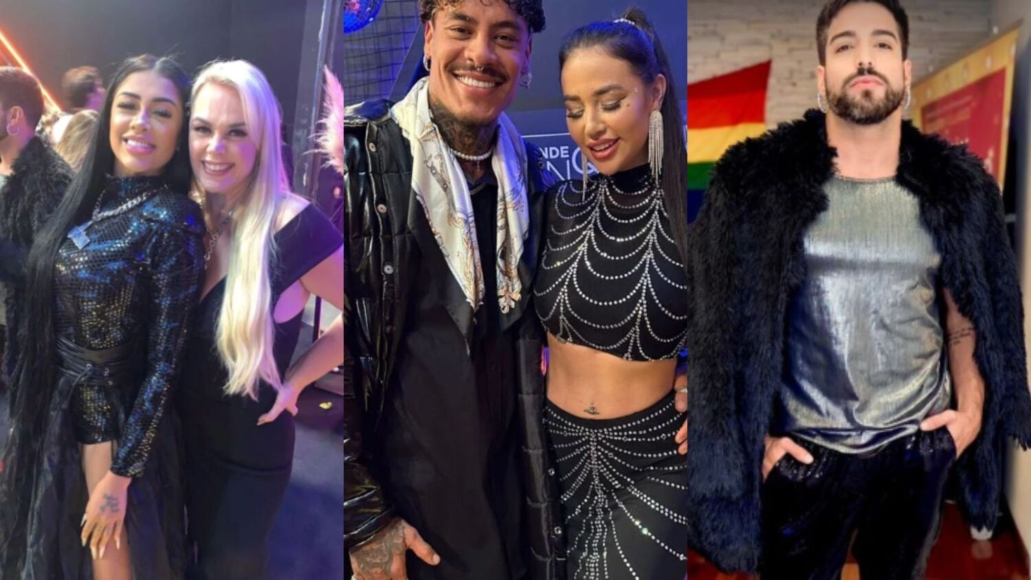 Fernanda Medrado tem um estilo cheio de personalidade e apostou em body de lantejoulas pretas e saia por cima. A peça é removível e deixou uma fenda super sensual na perna! Ao lado dela, estava Ana Paula Almeida, com um modelo justo ao corpo com decote ombro a ombro, belíssimo.
O casal da Mansão também apareceu combinadinho: Murilo Dias vestiu maxi casaco puffer e Vic Macan usou conjuntinho de cropped e saia com aplicações prateadas em teia.
Já Ricardo Villardo misturou tendências. O humorista apostou em camisa cintilante, calça brilhante e casaco bem fofinho de pelos. Curtiu?