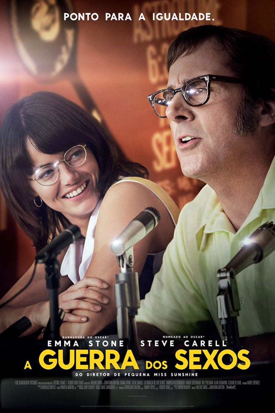 A guerra dos sexos (2017) - "Em 1973, uma partida de tênis entre o ex-campeão já aposentado Bobby Riggs e a líder do ranking mundial Billie Jean King se torna centro de um debate global sobre igualdade de gêneros. Presos sob a atenção da mídia e com ideologias diferentes, Riggs tenta reviver as glórias do passado, convicto de que ainda é capaz de vencer qualquer mulher quando quiser, enquanto King questiona sua própria sexualidade e luta pelos direitos das mulheres"