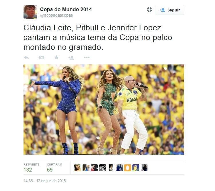 Criado em maio para matar a saudade da Copa das Copas, o perfil começou sua retrospectiva ao vivo do Mundial com o show de Claudia Leite, Pitbull e Jennifer Lopez. No Twitter, o perfil postou uma foto do show do trio na Arena Corinthians, palco da abertura da Copa de 2014