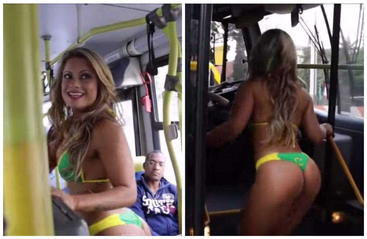Dani Sperle pega ônibus de biquíni