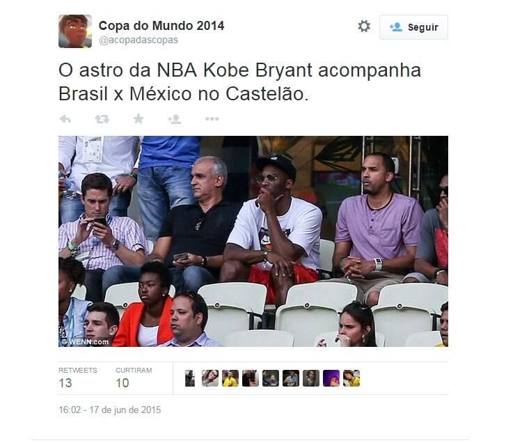 O astro da NBA Kobe Bryant esteve no Brasil e acompanhou o empate em 0 a 0 entre Brasil e México, no Castelão, pela segunda rodada da Copa. O seu registro também foi feito pelo perfil
