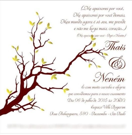 Casamento
No dia 6 de julho, Neném, da dupla com Pepê, e a noiva, Thais Baptista, irão se casar em uma casa de festas, em São Paulo. O R7 mostra aos internautas o convite para a cerimônia
