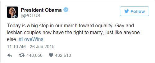 Em quarto, o presidente norte-americano, Barack Obama, anunciando que casais homossexuais finalmente poderiam se casar nos Estados Unidos. O tuíte anunciando (e comemorando) o casamento gay legalizado foi retuitado quase 450 mil vezes!
— Hoje é um grande passo em nossa marcha até a igualdade. Casais gays e lésbicos agora possuem o direito de se casar, assim como qualquer outra pessoa. #LoveWins (o amor venceu)
