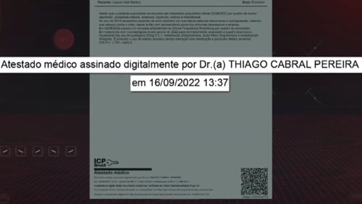 Durante as investigações, a defesa de Cássia apresentou a Roberto Cabrini laudos de surto psicótico devido a graves problemas de saúde sofridos desde 2015. Um eles foi assinado poucas horas antes da entrevista