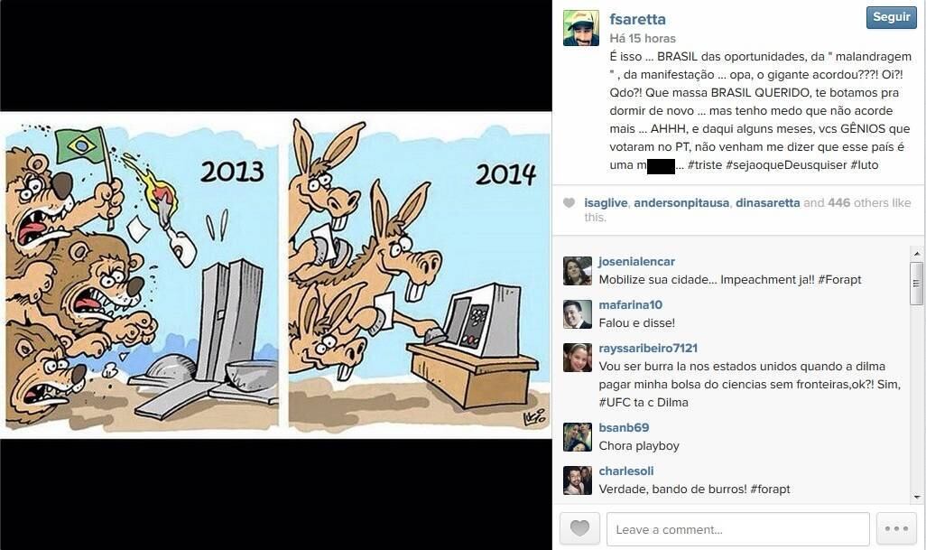 O ex-tenista Flavio Saretta também preferia Aécio e manifestou seu descontentamento com os resultados das eleições criticando as manifestações que pararam o Brasil em 2013