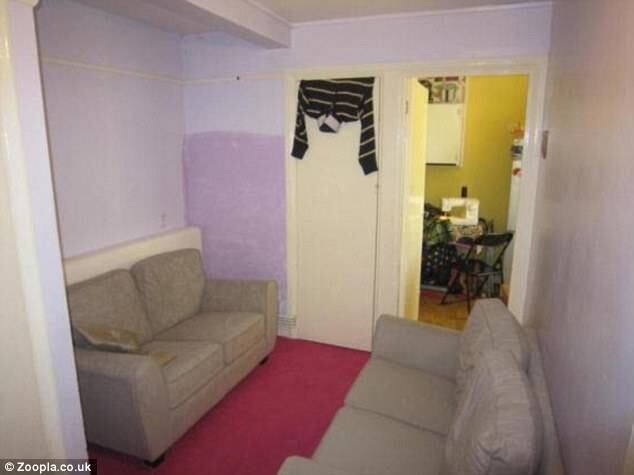 A decoração da quitinete de R$ 357 mil não é um exemplo de bom gosto. Além da combinação duvidosa de cores — apenas metade da parede está pintada, e de roxo (!) —, o sofá está bloqueando parcialmente o acesso à cozinha e a porta de entrada está servindo como varal para uma camiseta