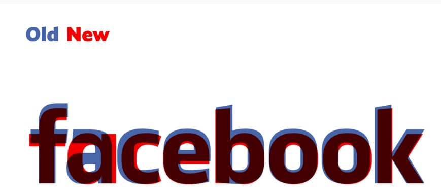 Em azul, o logo antigo. Em vermelho, o logo novo. A imagem mostra a comparação entre os logos do Facebook
