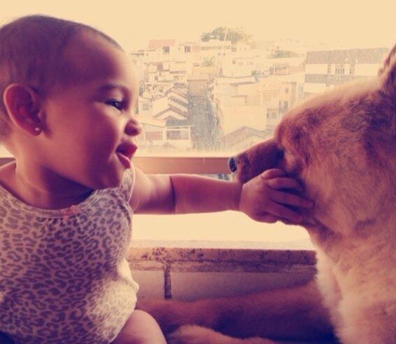 Com apenas sete meses, Lara parece que já gosta de animais e faz carinho em um cachorrinho durante foto divulgada pela mãe