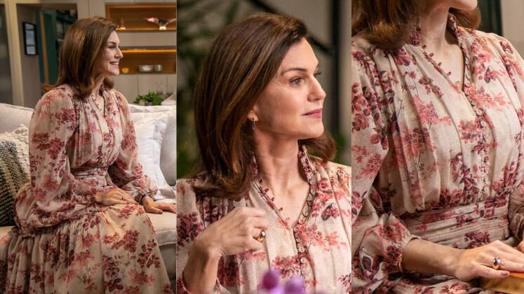 Um vestido charmoso e confortável foi a escolha da matriarca no dia em que ela começou a contar a história de Dalila para Mirela. O corte longo, leve e com estampa floral deixou a Werner ainda mais bonita
