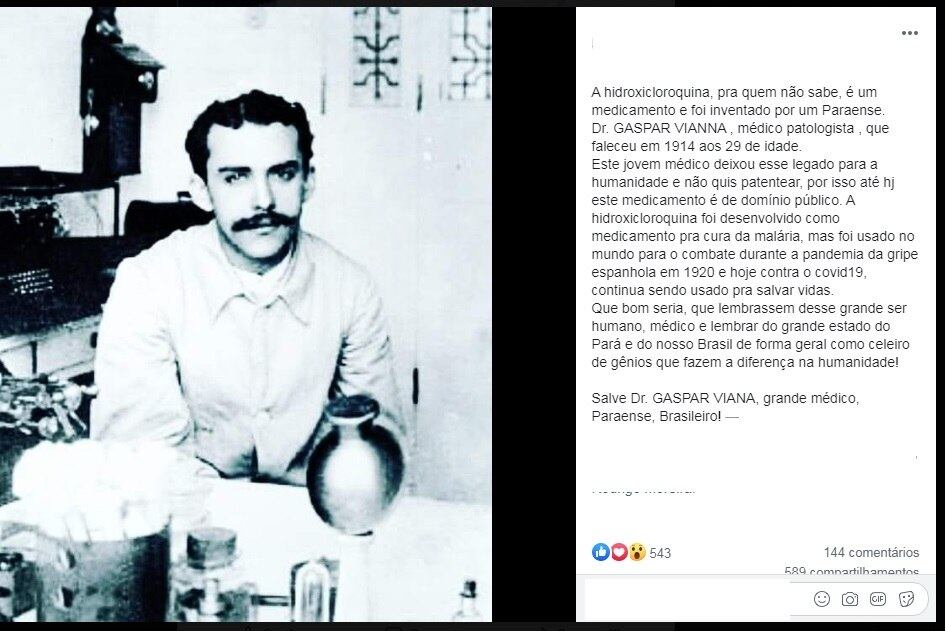 Notícia falsa circula nas redes sociais dizendo que Gaspar Vianna teria inventado a hidroxicloroquina