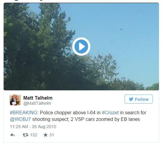 Vester foi perseguido por uma rodovia chamada I-64, na Virgína. O governador Terry McAuliffe declarou, no momento em que as imagens eram transmitidas pela TV, que era esperado que ele fosse capturado "o quanto antes"

Polícia persegue suspeito de matar jornalistas em rodovia nos Estados Unidos


