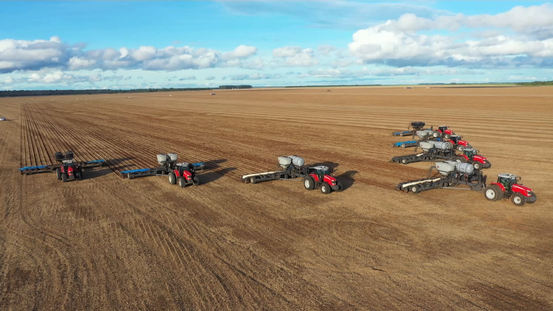 Campo agrícola reúne diversas máquinas no centro e céu azul ao fundo