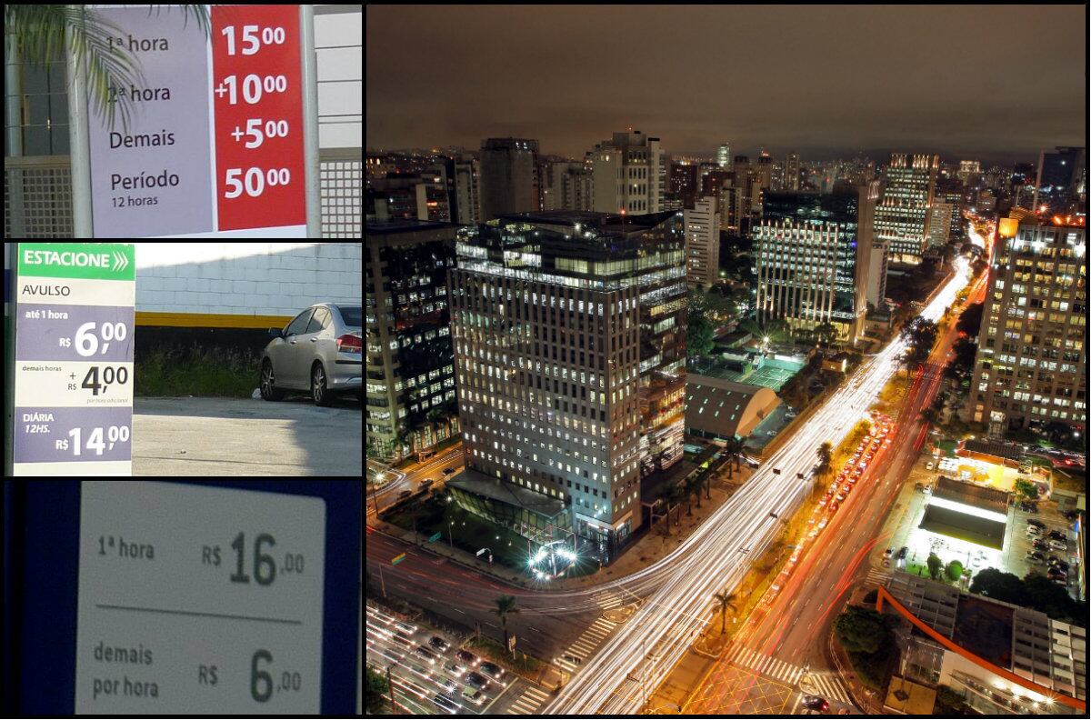 Faria Lima: quem vai estacionar por lá encontra os preços mais baratos no fim da via, onde uma hora custa R$ 6 e a diária, R$ 14 (altura do nº 4.500). Em outros pontos, as tarifas custam até R$ 16 por hora e R$ 50 por dia (altura do nº 2.000) — mais que o triplo do valor mais barato! Mas há preços ainda mais caros

