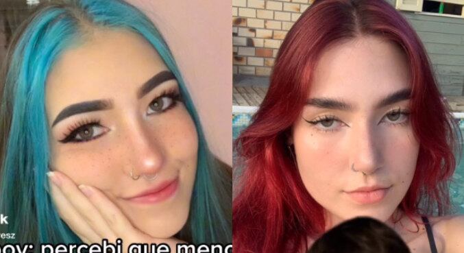 Izabella Flores continua com o cabelo tingido, mas foi das mechas azuis para o ruivo completo. Ela gostava de uma maquiagem no estilo 'e-girl', com bastante iluminador, mas hoje opta por um delineado básico e pela pele delicada