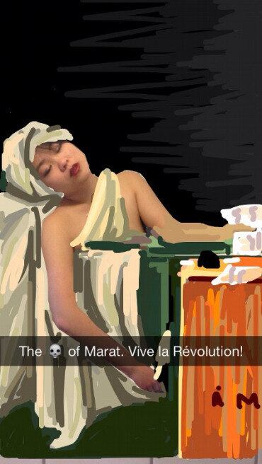 Até mesmo pinturas famosas, como Marat assassinado, de Jacques-Louis David ganharam versões feitas pela adolescente em seu Snapchat