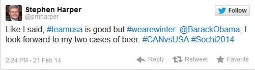 O negócio foi tão sério, que até o primeiro ministro do Canadá entrou na brincadeira.

— Como eu disse, #timeEUA é bom, mas #NósSomosInverno. @BarackObama, estou esperando minhas duas caixas de cerveja


É bom saber que as pessoas mais poderosas do mundo apostam caixas de cerveja, assim como nós