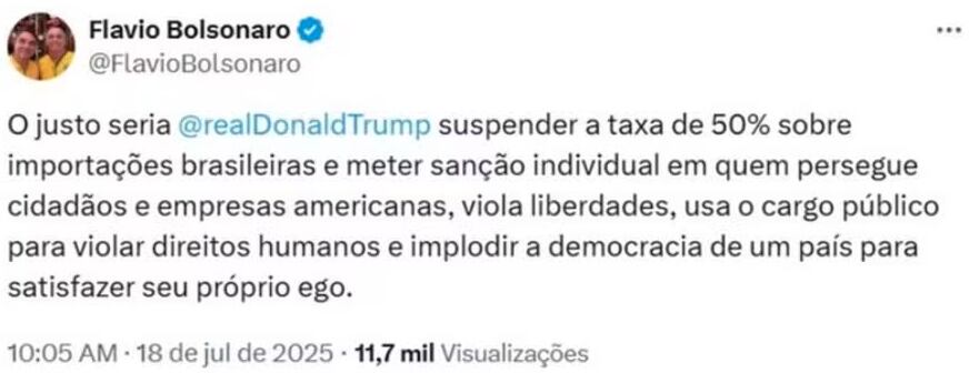 Flávio Bolsonaro excluiu publicação que falava sobre tarifaço de Trump